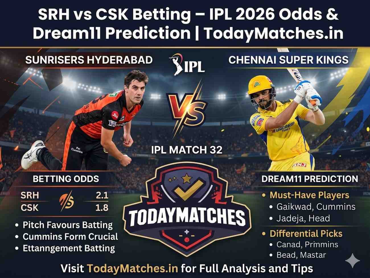 SRH vs CSK betting – Rajiv Gandhi International Stadium Hyderabad IPL 2026