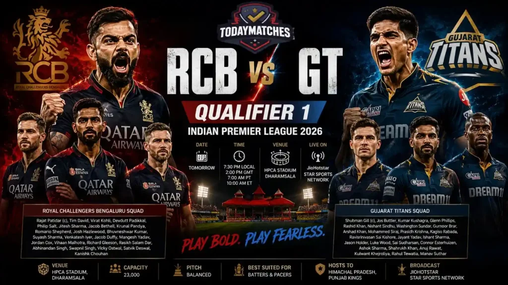 RCB vs GT Qualifier 1 IPL 2026 Match Poster with TodayMatches Logo