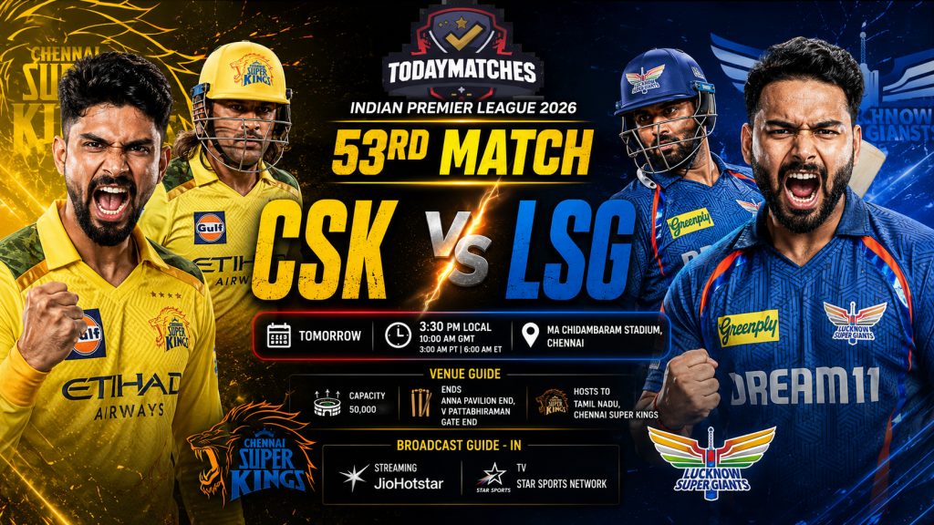 Current image: CSK vs LSG IPL 2026 53rd Match aggressive poster with Dhoni and Rishabh Pant