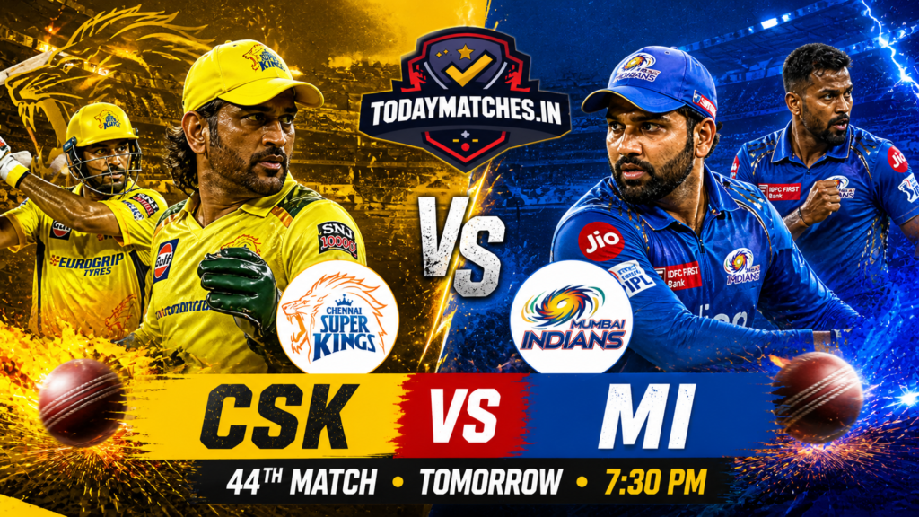 CSK vs MI IPL 2026 match banner with MS Dhoni and Rohit Sharma in aggressive face-off, Chennai Super Kings in yellow vs Mumbai Indians in blue, dramatic stadium lighting, showing 44th match, tomorrow 7:30 PM details and TodayMatches logo