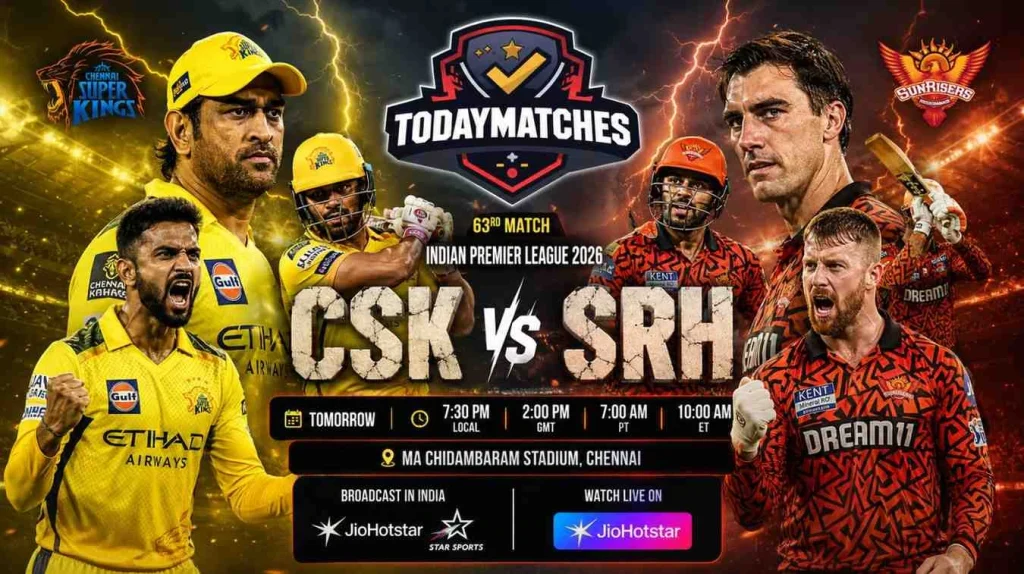 CSK vs SRH Dream11 Prediction IPL 2026 match image with aggressive Chennai Super Kings and Sunrisers Hyderabad players at Chepauk Stadium for TodayMatches.in