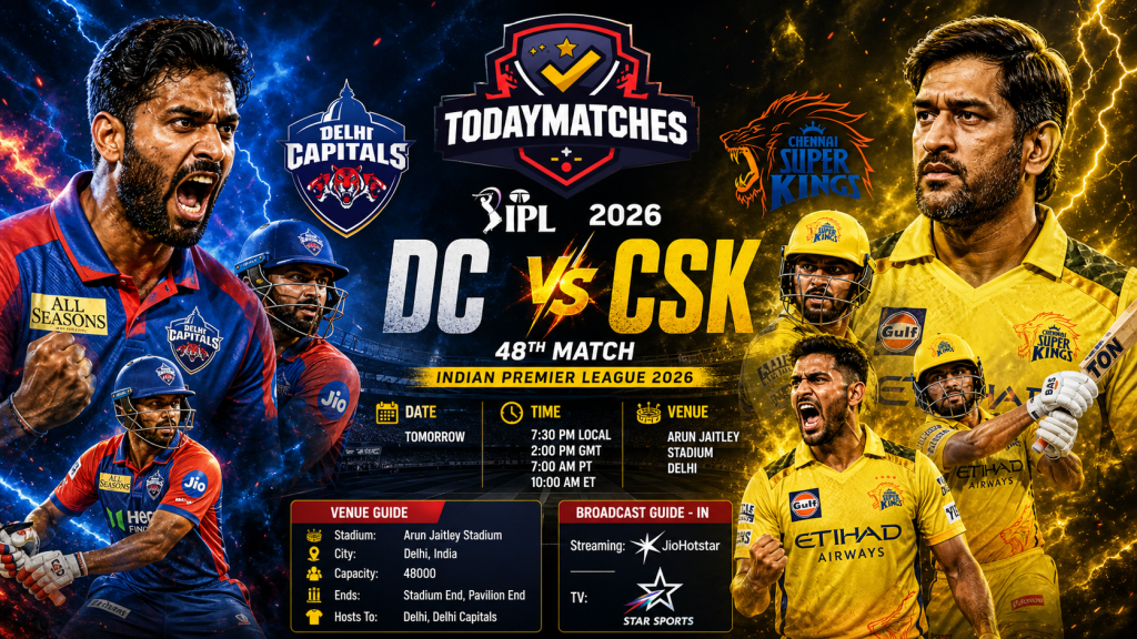 DC vs CSK Dream11 Prediction 2026: 48th Match, Pitch Report & Playing XI | TodayMatches.in
