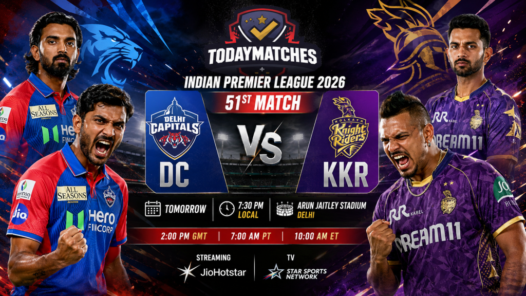 DC vs KKR IPL 2026 Match Poster featuring aggressive Delhi Capitals and Kolkata Knight Riders players at Arun Jaitley Stadium, Delhi.