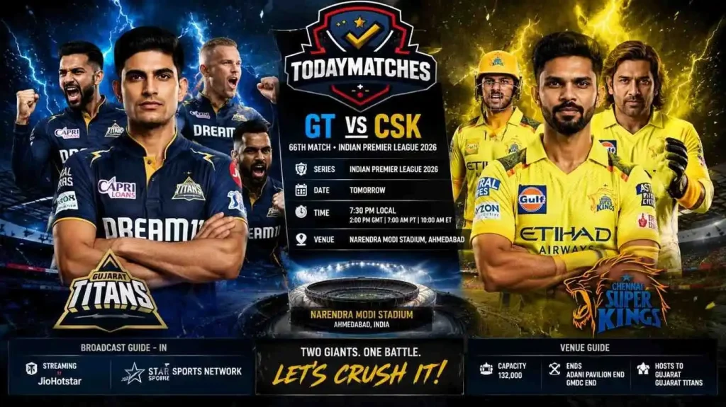 GT vs CSK Dream11 Prediction IPL 2026 match poster at Narendra Modi Stadium Ahmedabad.