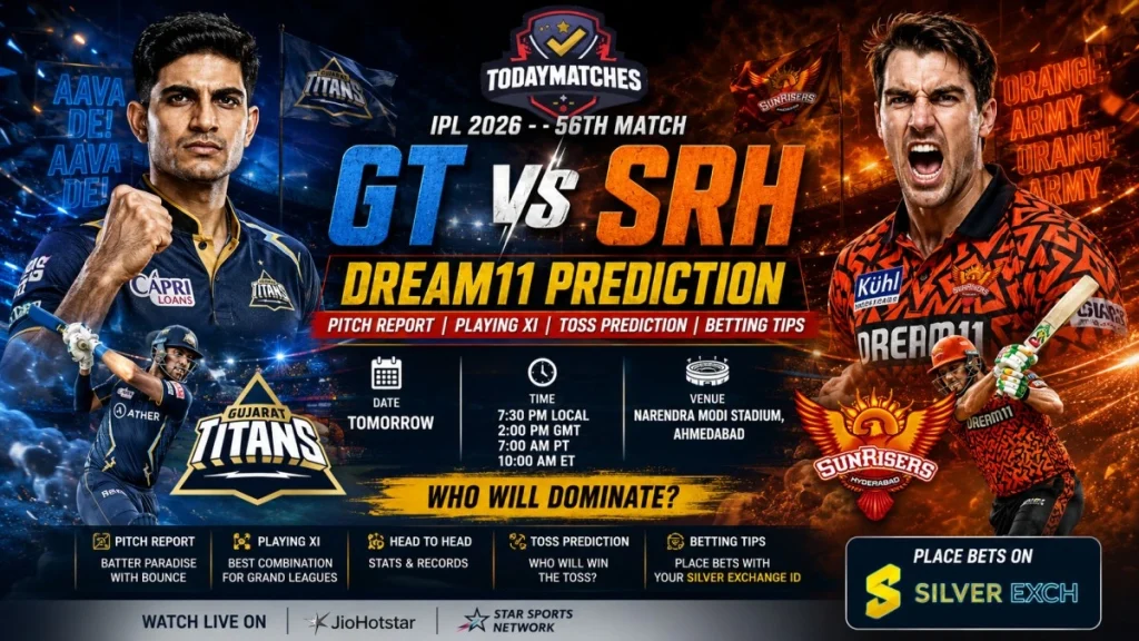 Current image: GT vs SRH Dream11 Prediction IPL 2026 poster featuring Shubman Gill and Pat Cummins with aggressive match graphics, pitch report, playing XI, and betting tips.
