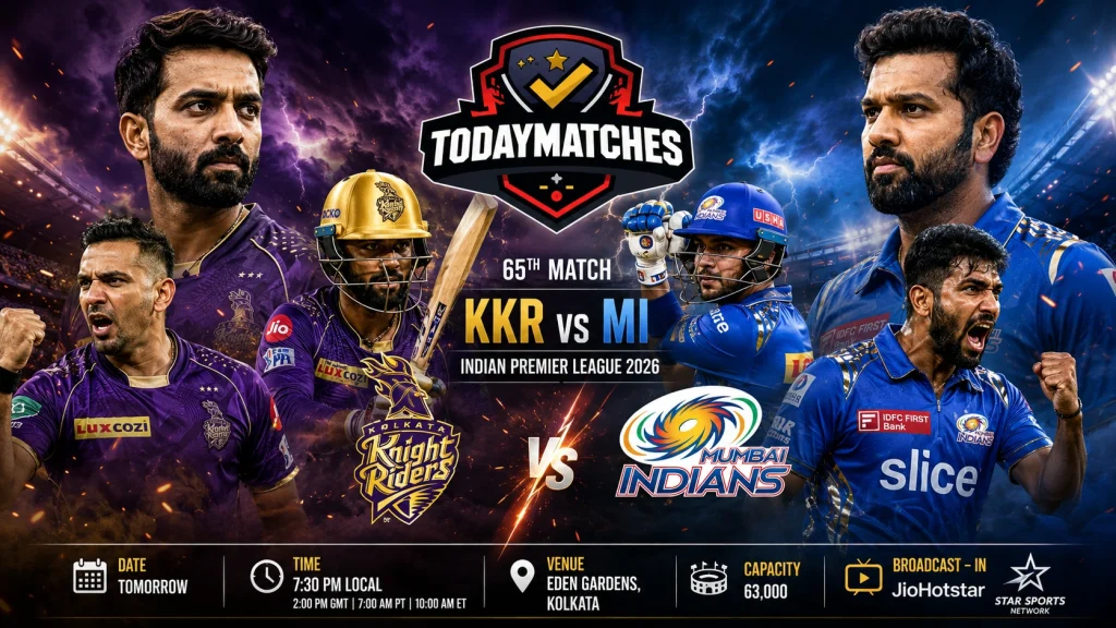 KKR vs MI IPL 2026 match poster at Eden Gardens Kolkata