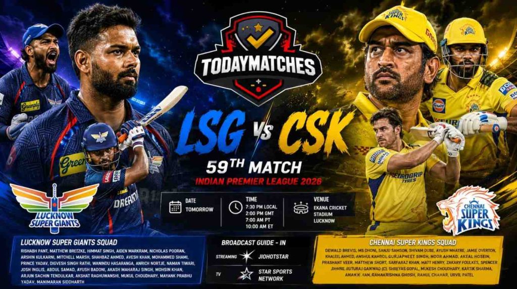 LSG vs CSK IPL 2026 match poster featuring aggressive action visuals of Rishabh Pant and MS Dhoni with TodayMatches logo at Ekana Cricket Stadium, Lucknow.