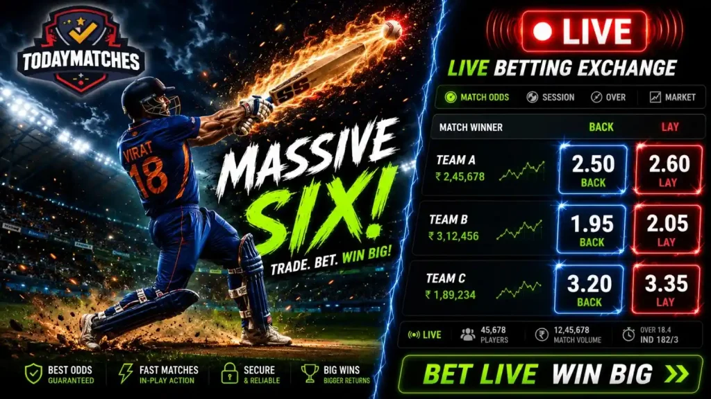 Cricket betting banner with a batsman hitting a six on the left and live odds betting interface on the right, featuring a “LIVE” badge and TodayMatches logo.