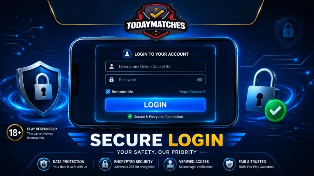 Secure login banner with smartphone login form, shield icons, lock symbol, and 18+ badge.