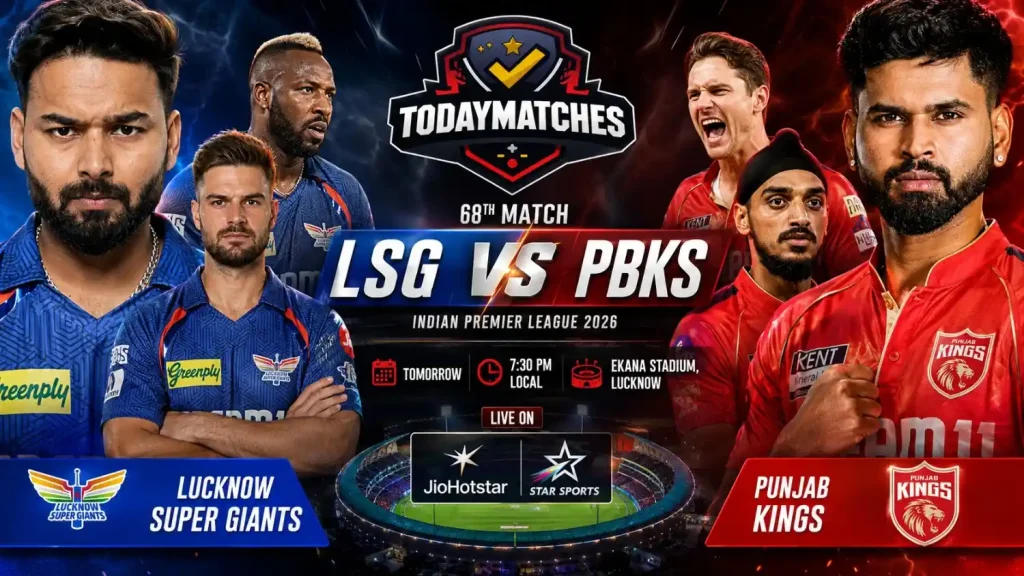LSG vs PBKS IPL 2026 match poster with aggressive players at Ekana Stadium Lucknow