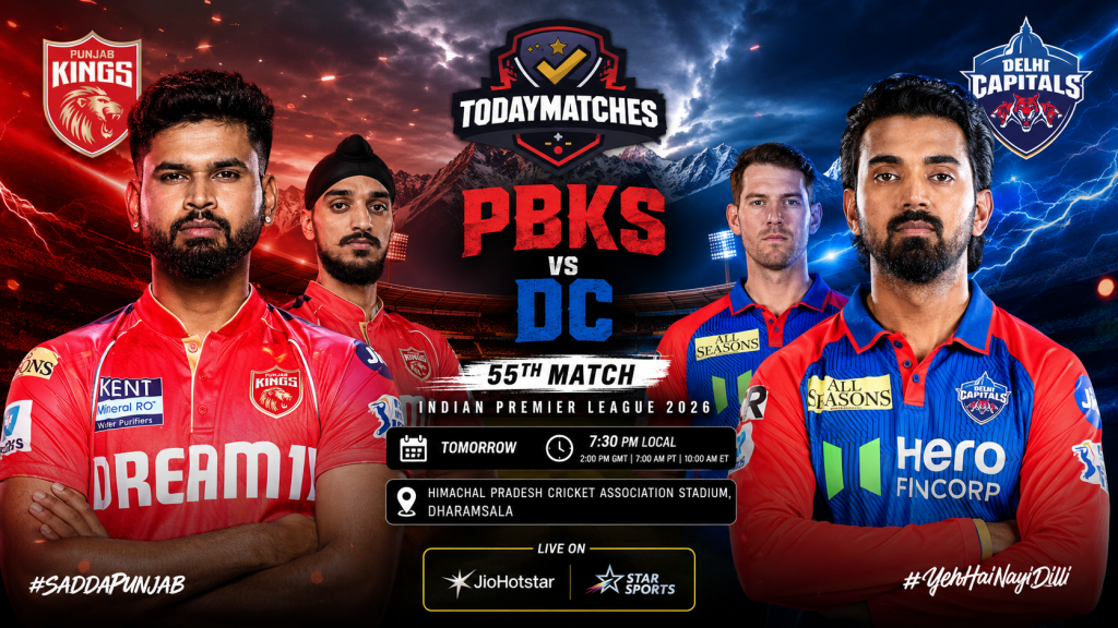 PBKS vs DC IPL 2026 Dream11 prediction match poster with Shreyas Iyer and KL Rahul at Dharamsala Stadium.