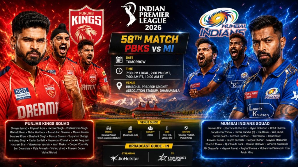 Current image: Today Match PBKS vs MI Dream11 IPL 2026 58th Match pitch report stadium image