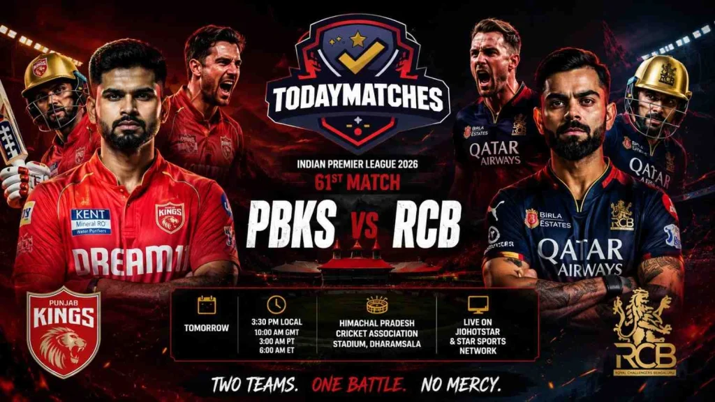 PBKS vs RCB IPL 2026 match poster featuring star players, aggressive red-black theme, and stadium backdrop.