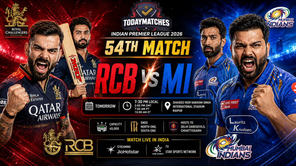 RCB vs MI IPL 2026 54th Match aggressive poster featuring Virat Kohli and Rohit Sharma in Raipur