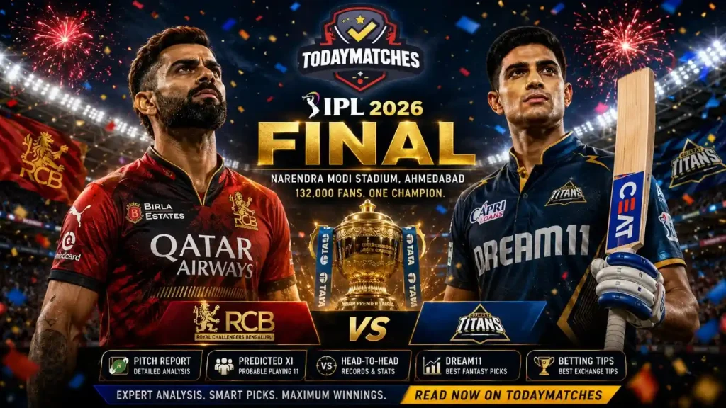 RCB vs GT IPL 2026 Final poster with Virat Kohli, Shubman Gill, IPL trophy, fireworks, and TodayMatches logo.
