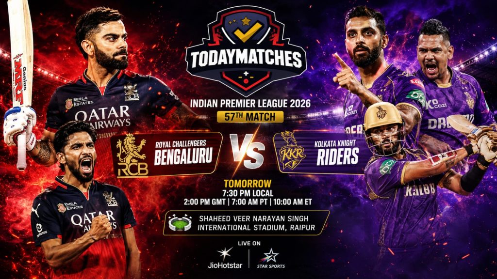 Aggressive IPL 2026 match poster of Royal Challengers Bengaluru vs Kolkata Knight Riders featuring Virat Kohli and KKR players with fiery red and purple background, TodayMatches logo, match timing, venue details, and live streaming info.