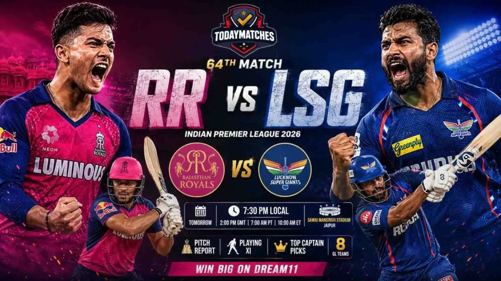 RR vs LSG IPL 2026 Match 64 promotional poster featuring aggressive Rajasthan Royals and Lucknow Super Giants players with match details, Jaipur venue, and TodayMatches branding.