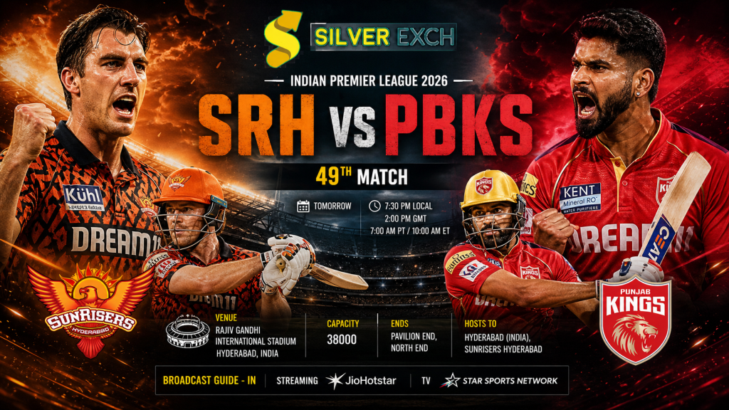 SRH vs PBKS IPL 2026 match poster with aggressive players, stadium background, and match details.