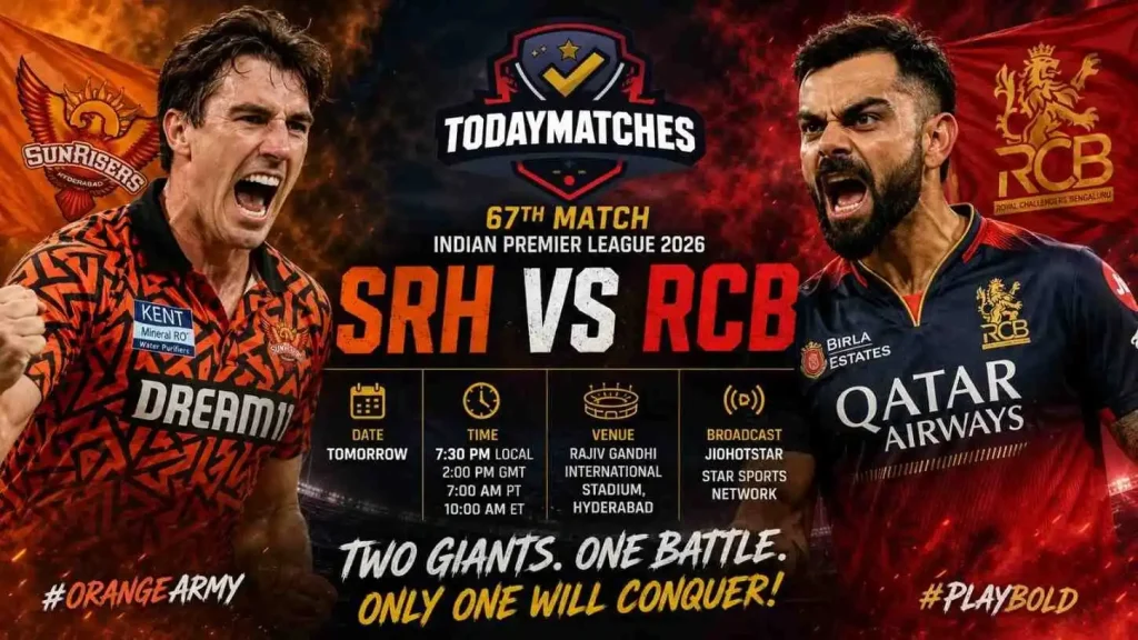 SRH vs RCB IPL 2026 match poster featuring Virat Kohli and Travis Head in an intense face-off with fiery stadium background and match details.