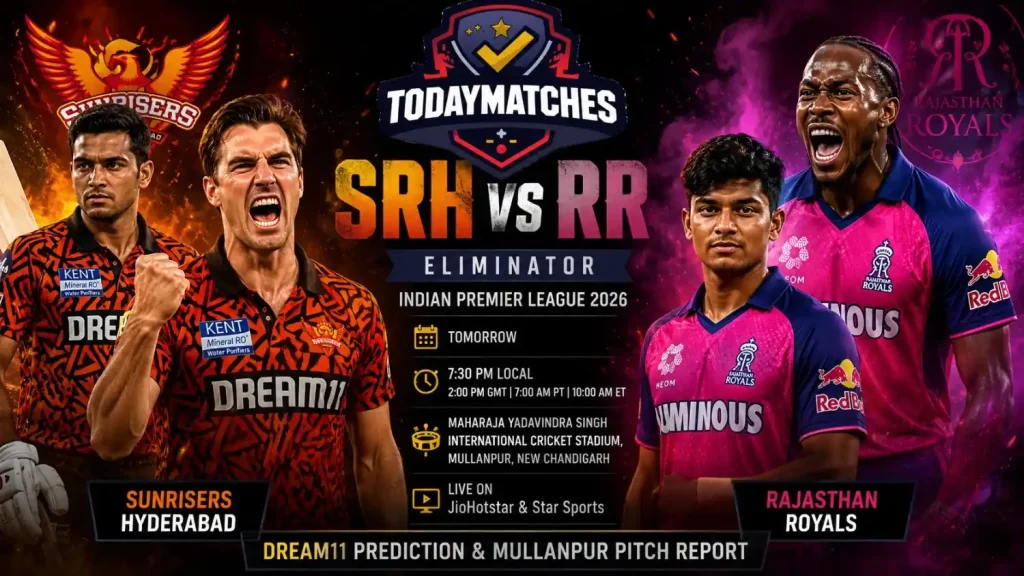 SRH vs RR Eliminator IPL 2026 Dream11 Prediction Poster | TodayMatches