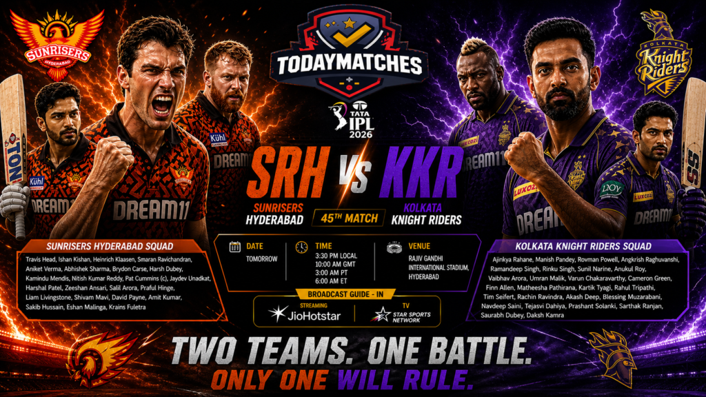 SRH vs KKR IPL 2026 Match Poster featuring aggressive Sunrisers Hyderabad and Kolkata Knight Riders players, TodayMatches logo, match details, squads, and bold “Two Teams One Battle” tagline in a high-energy design.
