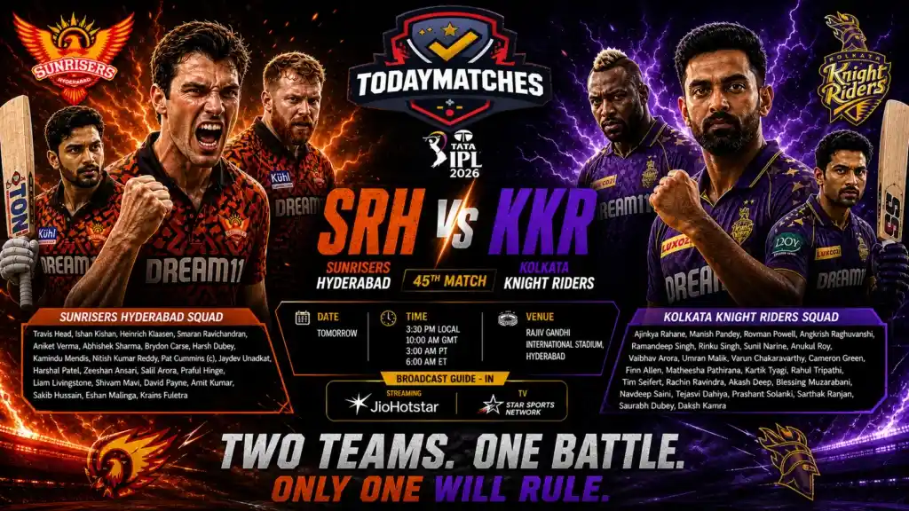 SRH vs KKR IPL 2026 Match Poster featuring aggressive Sunrisers Hyderabad and Kolkata Knight Riders players, TodayMatches logo, match details, squads, and bold “Two Teams One Battle” tagline in a high-energy design.