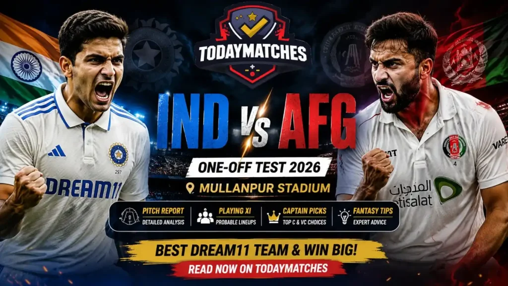 IND vs AFG Dream11 Prediction 2026 graphic featuring India vs Afghanistan players, Mullanpur Stadium, pitch report, playing XI, captain picks, and TodayMatches logo.