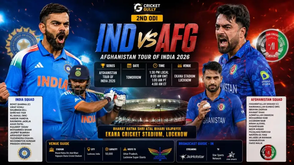 "IND vs AFG 2nd ODI 2026 poster featuring aggressive India and Afghanistan cricketers at Ekana Stadium, Lucknow."