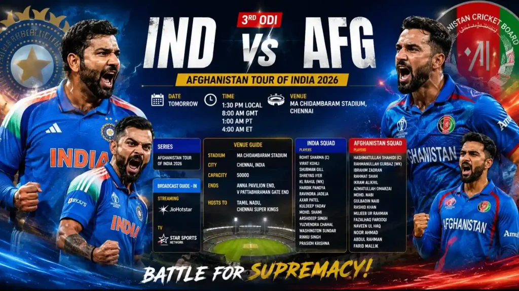 Todaymatch IND vs AFG 3rd ODI match poster featuring India and Afghanistan players at MA Chidambaram Stadium, Chennai.