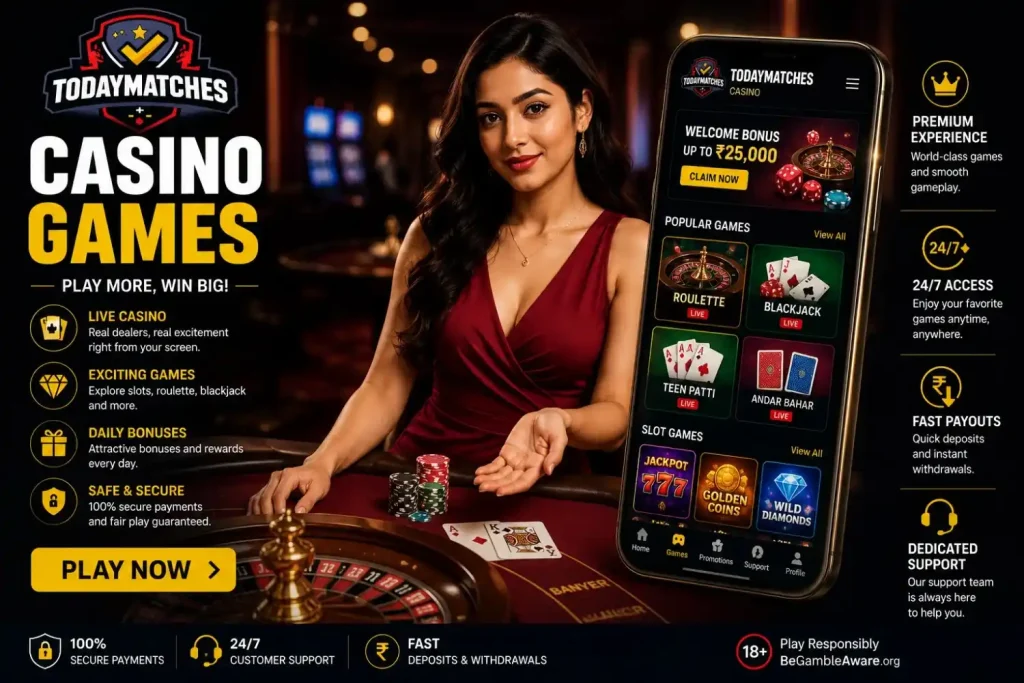 TodayMatches casino games banner featuring aggressive cricket players, live casino cards, roulette, slots, and betting exchange games with a bold sports-themed design.