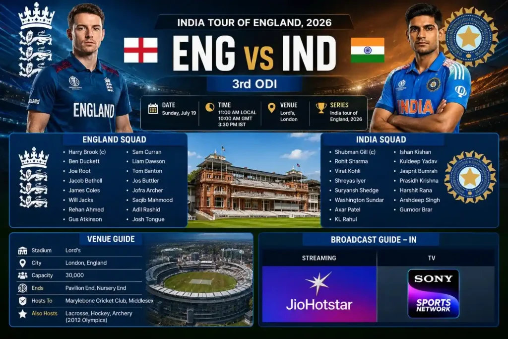 ENG vs IND 3rd ODI 2026 at Lord's London | Todaymatch