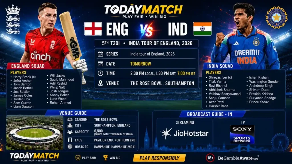 ENG vs IND 5th T20I 2026 match preview banner by TodayMatch featuring squads, venue, match time, and broadcast details.