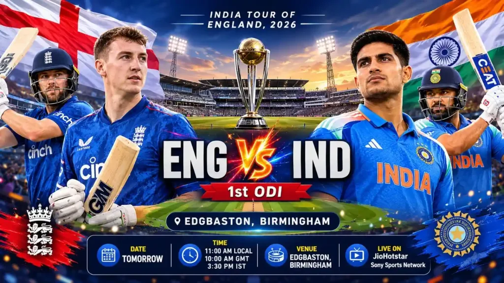 ENG vs IND 1st ODI 2026 match poster at Edgbaston, Birmingham | Dream11 Prediction & Match Preview | TodayMatch
