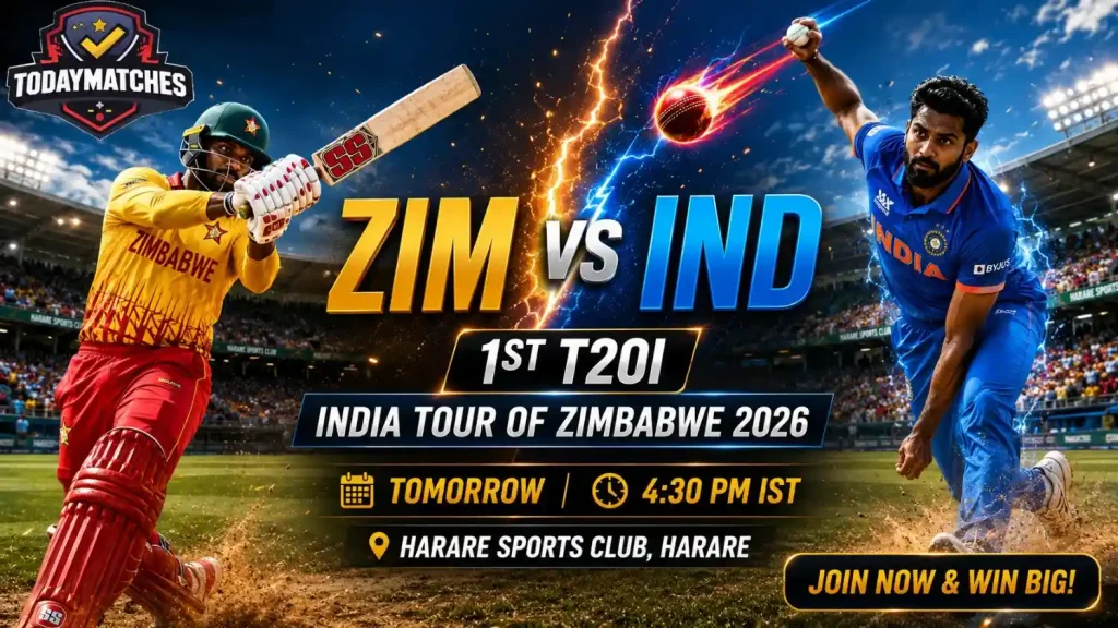 TodayMatches ZIM vs IND 1st T20I India Tour of Zimbabwe 2026 match preview banner at Harare Sports Club
