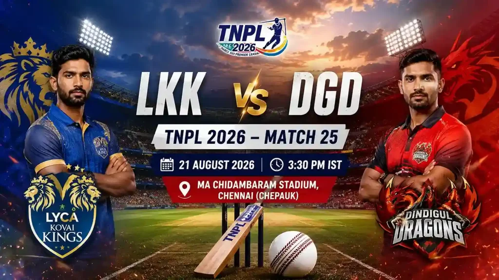 Current image: LKK vs DGD TNPL 2026 Match 25 preview banner for TodayMatch
