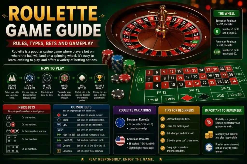 Roulette game guide showing roulette wheel, betting types, game rules, European and American roulette, and beginner tips.