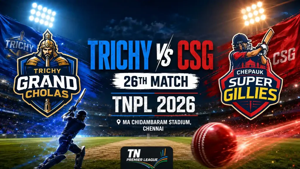 Current image: Trichy vs CSG TNPL 2026 match preview banner at MA Chidambaram Stadium, Chennai – Todaymatch.