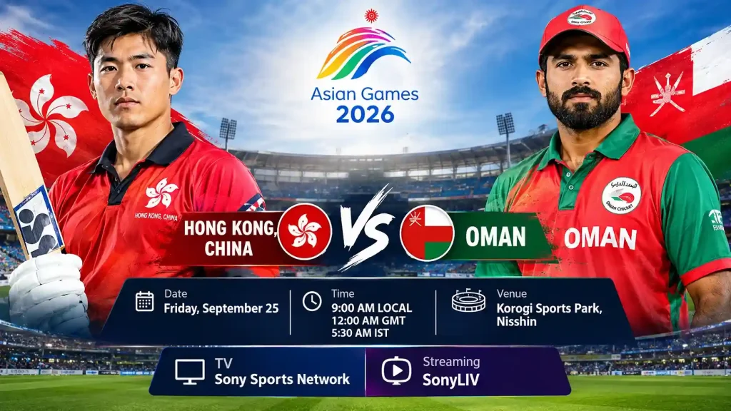 Current image: HKC vs Oman Asian Games 2026 cricket match banner