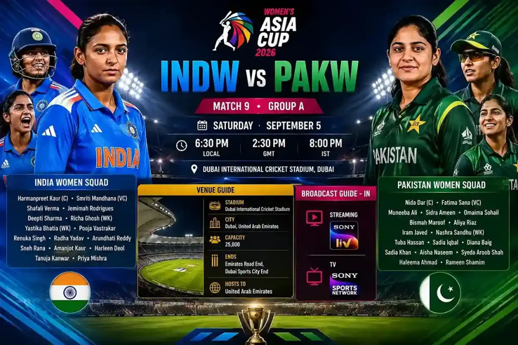 INDW vs PAKW Match 9 Women’s Asia Cup 2026 at Dubai International Cricket Stadium, India Women vs Pakistan Women cricket match banner for todaymatches.