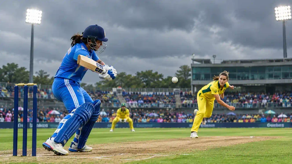 Realistic women’s T20 cricket match with female batter and bowler under dramatic cloudy skies in a floodlit stadium.