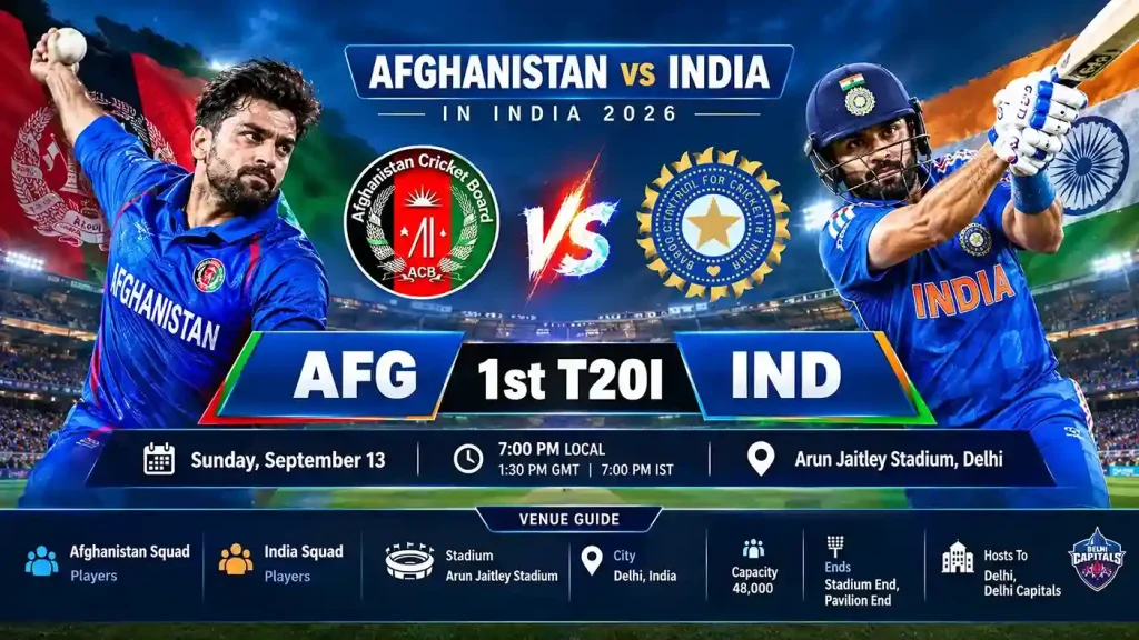 Current image: AFG vs IND 1st T20I 2026 match preview banner featuring Afghanistan and India players at Arun Jaitley Stadium, Delhi.
