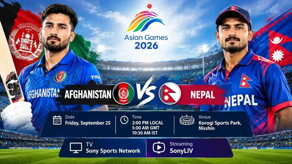 Current image: AFG vs Nepal Asian Games 2026 cricket match banner