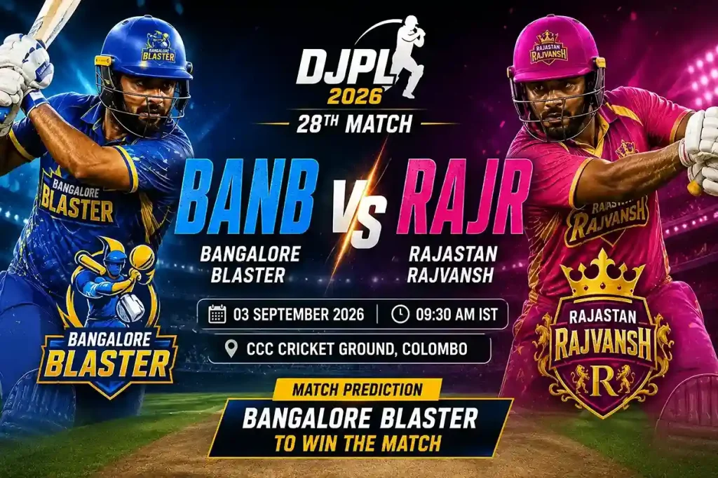 Current image: BANB vs RAJR 28th Match DJPL 2026 featuring Bangalore Blaster and Rajastan Rajvansh at CCC Cricket Ground, Colombo.