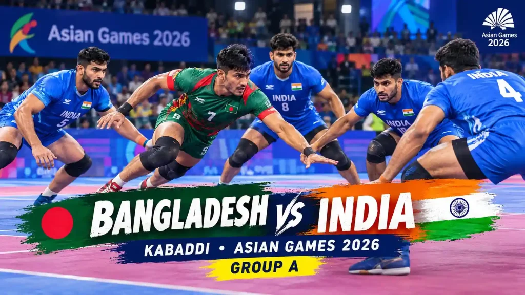 Current image: Bangladesh vs India Kabaddi match at Asian Games 2026, featuring a Bangladesh raider facing Indian defenders in Group A.