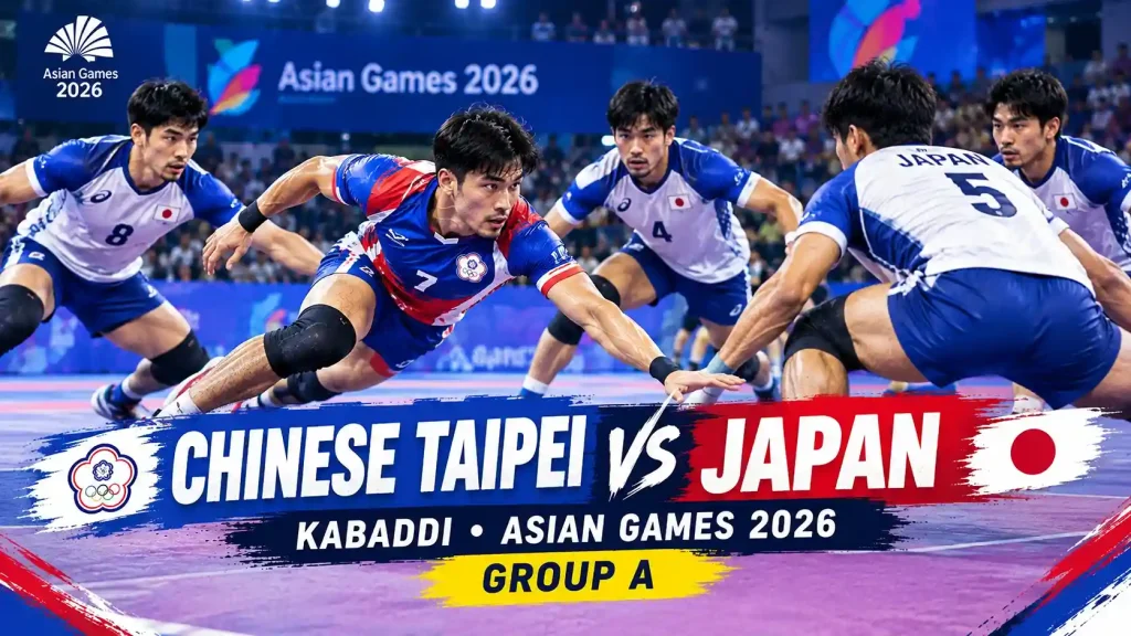 Current image: Chinese Taipei vs Japan Kabaddi match at Asian Games 2026, featuring a Chinese Taipei raider facing Japanese defenders in Group A.