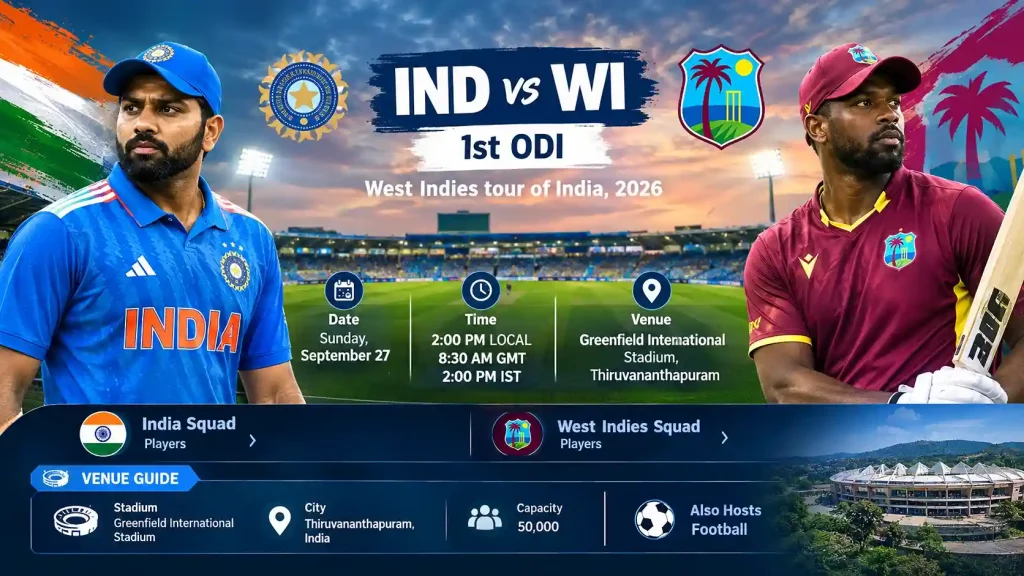 Current image: TodayMatch IND vs WI 1st ODI 2026 match preview at Greenfield International Stadium, Thiruvananthapuram