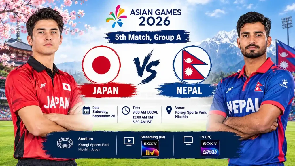 Current image: Japan vs Nepal cricket match poster for the 5th Match, Group A of Asian Games 2026 at Korogi Sports Park, Nisshin