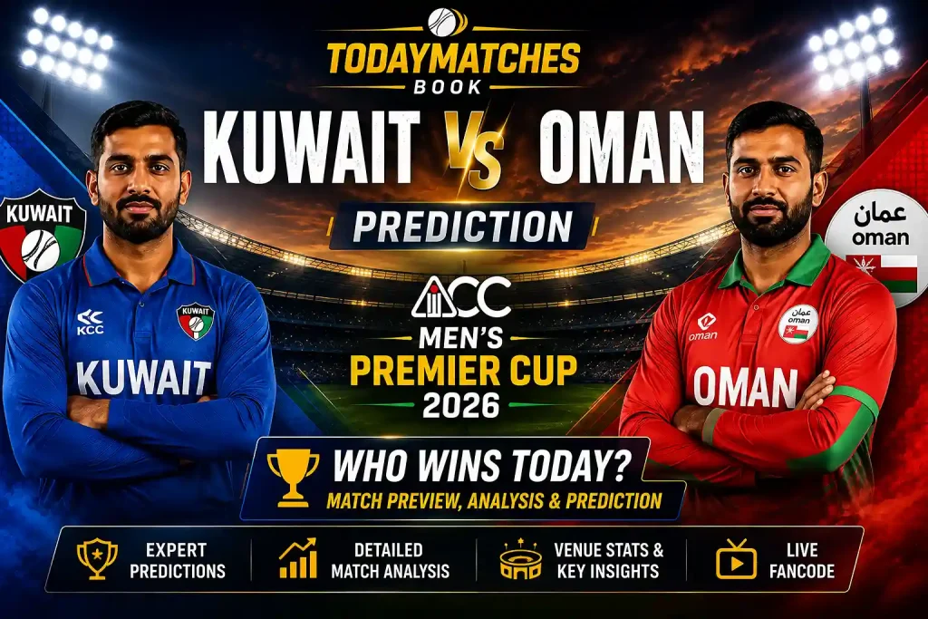 Current image: Kuwait vs Oman cricket prediction banner for the ACC Men’s Premier Cup 2026.