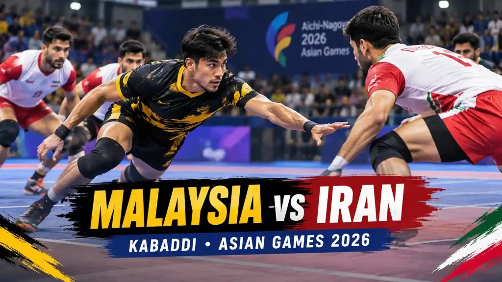 Current image: Malaysia vs Iran Kabaddi match at Asian Games 2026 with players competing on the kabaddi court.