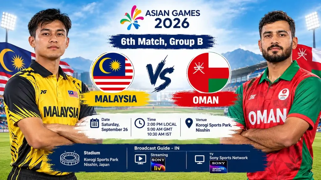 Current image: Malaysia vs Oman cricket match poster for the 6th Match, Group B of Asian Games 2026 at Korogi Sports Park, Nisshin.